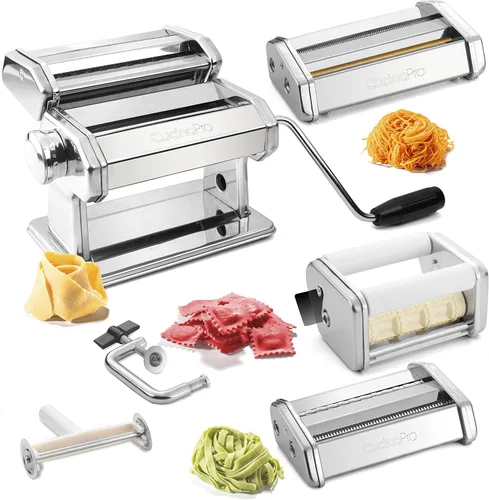 Creador de pasta, conjunto de lujo por Cucina Pro. Incluye espaguetis, fettucini, cabello de ángel, ravioles, accesorios de lasaña