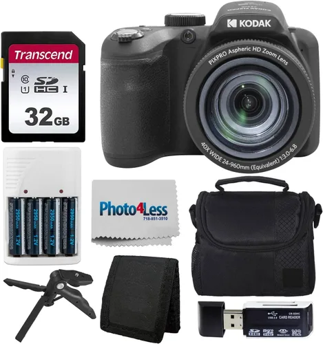 Kodak PIXPRO AZ405 - Funda para cámara digital, color negro, para apuntar y disparar, tarjeta de memoria SD de 32 GB, baterías recargables y