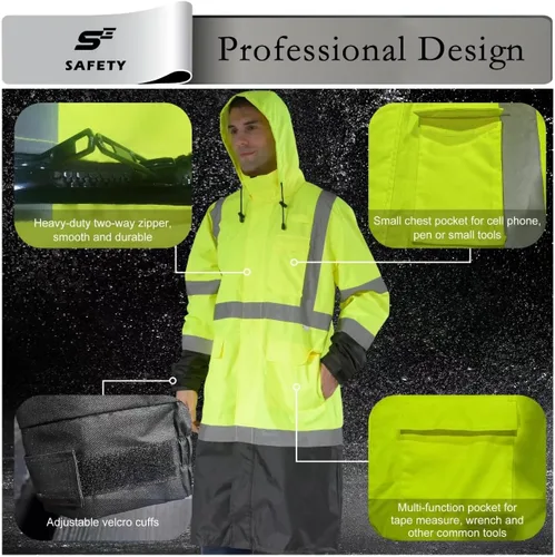 Miniatura 6 de sesafety Chaquetas de Lluvia de Seguridad para Hombres de Trabajo, Equipo de Lluvia de Alta Visibilidad Clase 3 para Construcción, Chaqueta