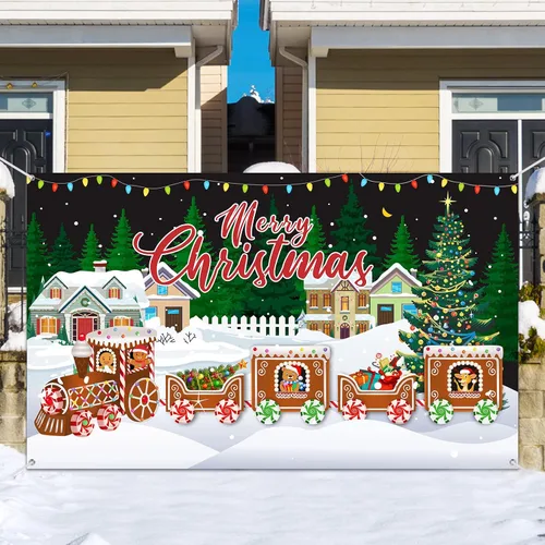 Miniatura 8 de Cartel de Feliz Navidad, extra grande, tela de Navidad, suministros de decoración de fiesta de Año Nuevo, suministros de tren de Navidad, cabina