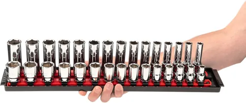 Miniatura 7 de TEKTON SHD92213 - Juego de llaves de vaso de 6 puntos poco profundas y profundas de 1/2 pulgada con rieles y bandejas, 52 piezas