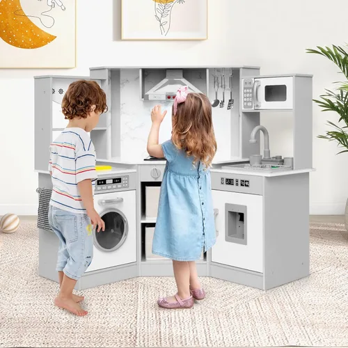 Miniatura 2 de INFANS Juego de Cocina de Esquina para Niños, Set de Cocina de Madera de Juguete para Niños Pequeños con Circulación Real de Agua Corriente, Luz