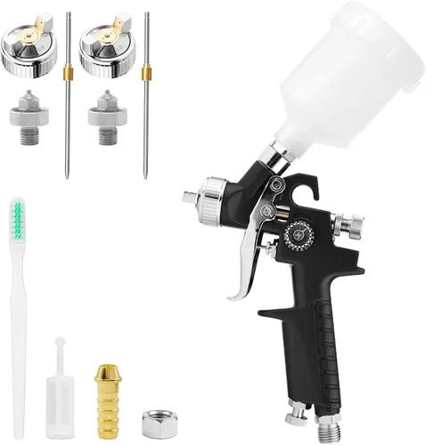 Mini HVLP Pistola pulverizadora de aire en kit, con boquillas de 0.8mm y 1.0mm y taza de 125cc, pequeño pulverizador de pintura automotriz, pistolas