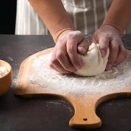Miniatura 5 de Pala de pizza de bambú prémium de 12 pulgadas con asa, paleta de pizza de madera, tabla de cortar para frutas, verduras, queso, pan (círculo)