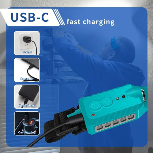 Miniatura 6 de Nessciera Linterna LED recargable (Azul), 400 lúmenes, haz ancho de 230°, USB-C, IPX4, 5 modos — Banda ajustable ligera; clips para casco