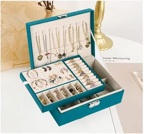 Miniatura 5 de Joyero para mujer cuero con candado organizador portátil de joyas de 2 capas y caja de almacenamiento collares pulseras anillos soporte para aretes