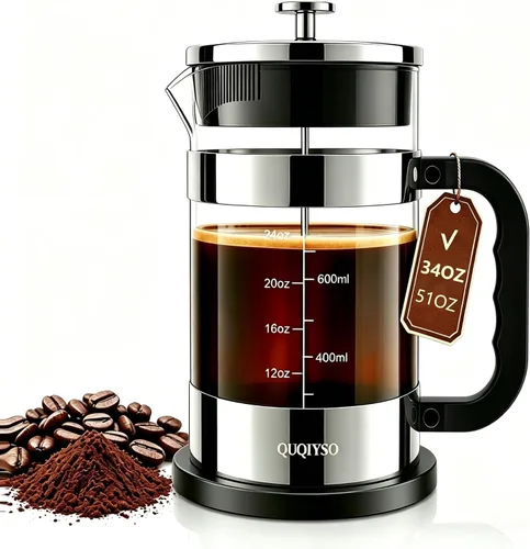 Miniatura 23 de QUQIYSO Cafetera de prensa francesa de acero inoxidable 304 con 4 filtros, resistente al calor, duradera, fácil de limpiar, prensa de café de vidrio