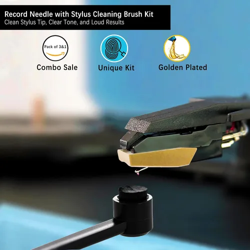 Miniatura 2 de Paquete de 3 agujas de repuesto de diamante para tocadiscos, agujas para discos de vinilo con kit de cepillo de limpieza de aguja para tocadiscos