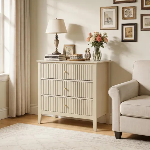 Miniatura 9 de RoyalCraft Cómoda Acanalada Beige de 3 Cajones, Cómoda de 32 Pulgadas de Ancho Mesita de Noche para Dormitorio, Cofre de Cajones de Madera Moderno
