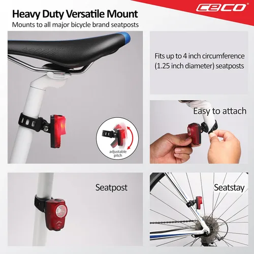Miniatura 5 de CECO Luz trasera de bicicleta recargable USB súper brillante de 100 lúmenes, IP67 impermeable, FL-1 resistente a los impactos, calidad de grado