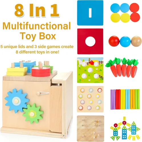 Miniatura 2 de Kizfarm Juguetes Montessori de madera para bebés, kit de juego de madera 8 en 1, incluye caja permanente de objetos, caja de monedas, cosecha