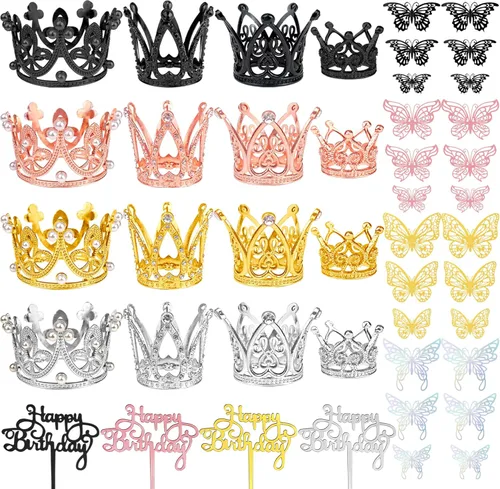 44 piezas de decoración de pastel cultivado, 16 piezas de mini coronas con 24 decoraciones de pared de mariposa y 4 tarjetas de inserción de Color: