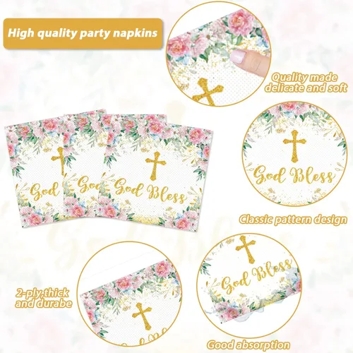 Miniatura 4 de 96 piezas de platos de flores con la frase "God Bless" para fiesta, decoración temática de bautizo, platos de papel y servilletas para primera