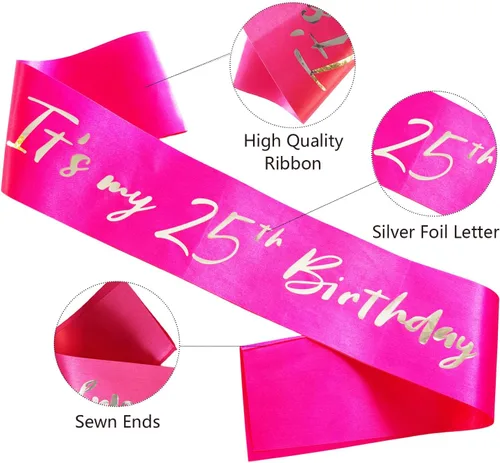 Miniatura 2 de Banda de 25 cumpleaños para niñas, banda suave de satén rosa intenso con letra de lámina plateada It's My 25th Birthday Sash Decor Gifts for Girls