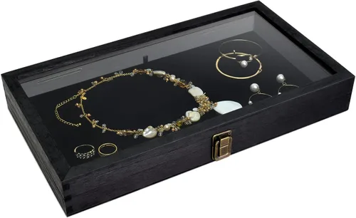 Miniatura 5 de MOOCA Vitrina de madera para joyas, vitrina de bolsillo con tapa superior de vidrio templado y almohadilla de joyería de terciopelo MDF de lujo