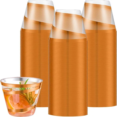 Miniatura 34 de Gejoy Tazas de plástico con borde en espiral de 9 onzas desechables, tazas de vino de plástico elegantes y transparentes, elegantes jarras de Oro