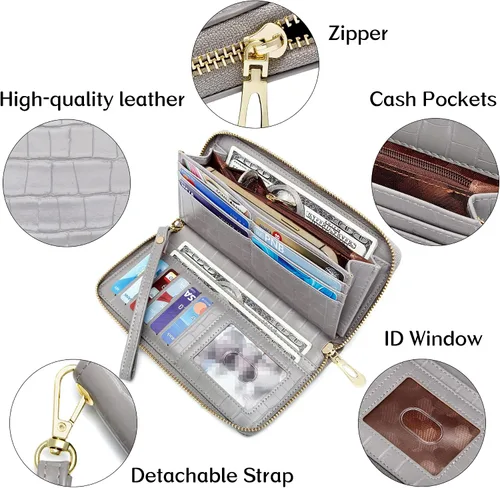 Miniatura 5 de Badiya Cartera para mujer, con bloqueo RFID, de cuero, con cremallera, de gran capacidad, para tarjetas de crédito, bolso largo, Gris