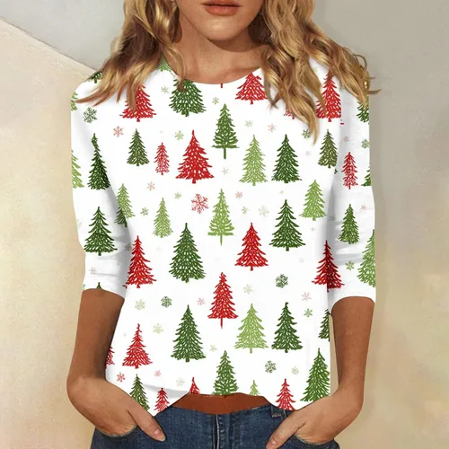 Miniatura 63 de Camisetas de manga 3/4 para mujer, cuello redondo, holgadas, casuales, con estampado floral, camisetas de moda para el trabajo de negocios
