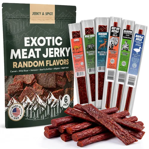 Miniatura 10 de Aperitivos de carne de caza salvaje de Buffalo Bob (paquete de 6) Muestra de carne seca exótica Juego de regalo de carne seca de res, cestas