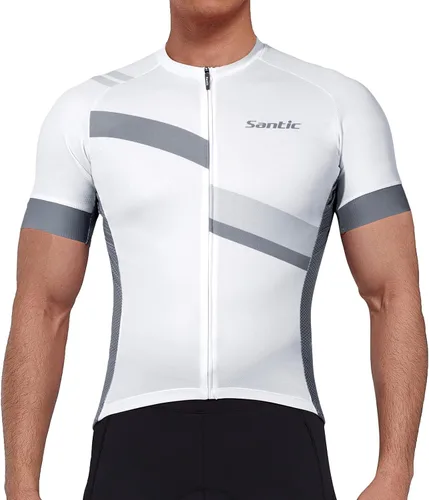 Miniatura 5 de Santic Camiseta de ciclismo para hombre, manga corta, camiseta de ciclismo de carretera, con cremallera completa, UPF 50+, MTB con bolsillos