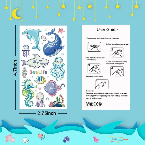 Miniatura 6 de Partywind Tatuajes temporales luminosos de tiburón para niños, tiburones brillantes y océanos, decoraciones de cumpleaños, suministros de fiesta