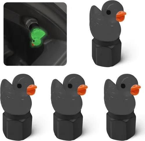Paquete de 4 tapas de vástago de válvula de neumático lindas con forma de pato, tapas de válvula de neumático que brillan en la oscuridad, Negro