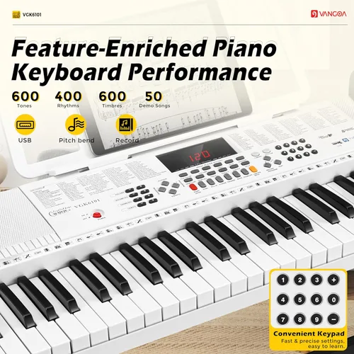 Miniatura 7 de Vangoa VGK6101 - Teclado de piano para principiantes, teclado de aprendizaje de 61 teclas con teclas iluminadas, teclado de piano eléctrico con 600