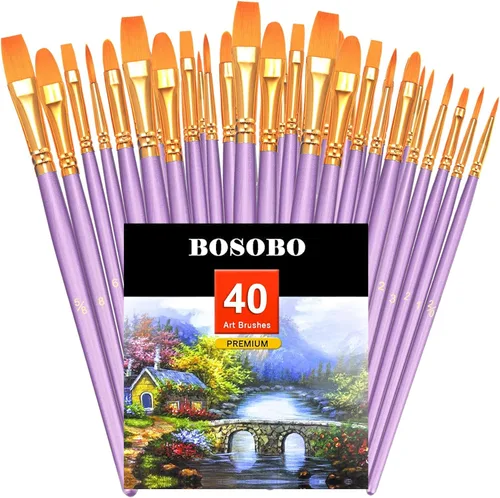 Miniatura 11 de BOSOBO Juego de 6 pinceles de pintura, 60 pinceles de punta redonda puntiaguda, pinceles de nailon para artistas del cabello acrílicos para aceite