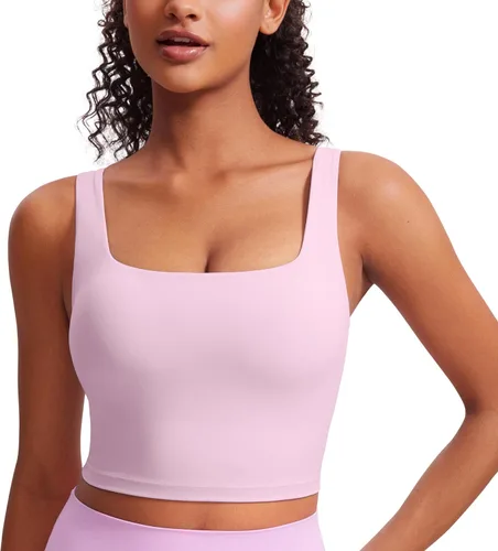 Miniatura 92 de CRZ YOGA Butterluxe Brasier deportivo de cuello cuadrado para mujer, estilo camiseta corta sin mangas, acolchado con soporte integrado para yoga