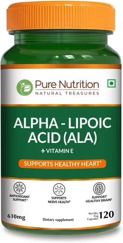 Pure Nutrition Ácido alfa lipoico de 600 mg + vitamina E | 120 cápsulas | Potente antioxidante para apoyar la salud nerviosa y cardíaca*. | Sin OMG