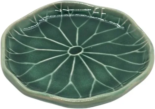 Bandeja pequeña en forma de hoja de loto verde oscuro de 4 pulgadas, hecho a mano, plato decorativo de porcelana de cerámica, recipiente en