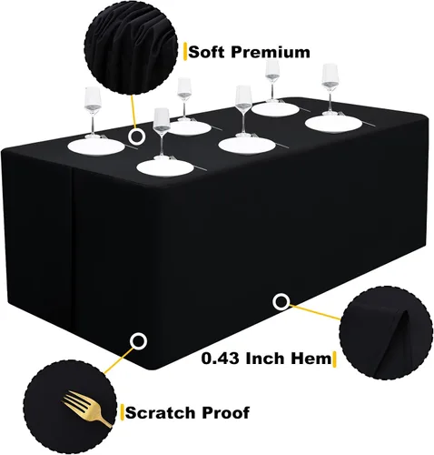 Miniatura 4 de Smiry Paquete de 2 manteles ajustables color negro, manteles rectangulares de tela de poliéster de 4 pies, mantel lavable para ferias, ferias