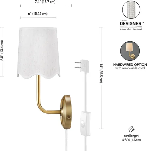 Miniatura 4 de Novogratz x Globe - Aplique de pared de 1 luz, cable rígido o enchufable, latón mate, pantalla de tela blanca, interruptor basculante en línea