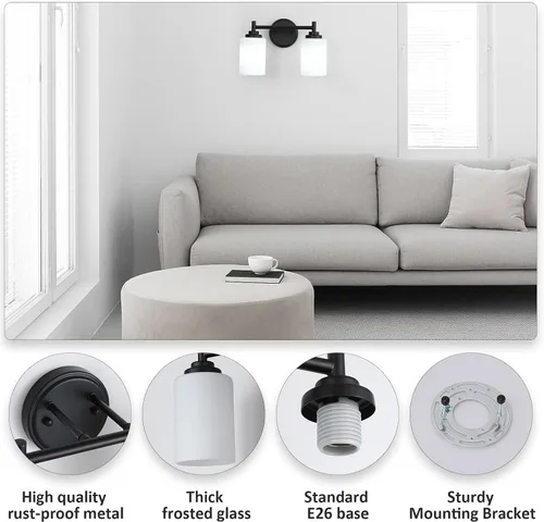 Miniatura 3 de Lámpara de baño negra mate, 2 luces para tocador de baño con pantalla de vidrio esmerilado blanco, modernos apliques de pared para dormitorio