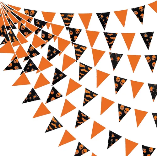 Decoraciones de fiesta de Halloween naranja y negro de 32 pies, banderines de tela de araña, calavera y murciélagos, banderines triangulares,