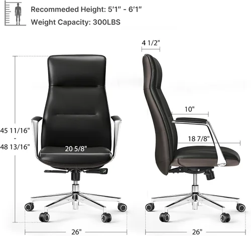 Miniatura 2 de EUREKA ERGONOMIC Royal Slim Silla Ejecutiva de Respaldo Alto de Cuero Negro para Oficina, Silla de Escritorio para el Hogar para Adultos, Grande