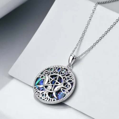Miniatura 3 de YFN Collar con dije de triple luna y diosa de plata esterlina, pentagrama y ópalo, collar con dije de ópalo pagano, amuleto mágico wiccano, árbol
