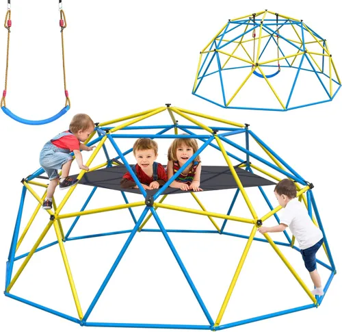 Miniatura 8 de Cúpula de escalada de 10 pies con columpio de arcoíris, gimnasio de jungla de metal antióxido para exteriores e interiores, equipo de juego