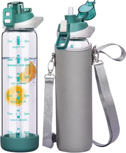 Botella de agua deportiva de vidrio de 32 onzas con popote y marcador de tiempo, botella de vidrio motivacional reutilizable grande para agua Verde