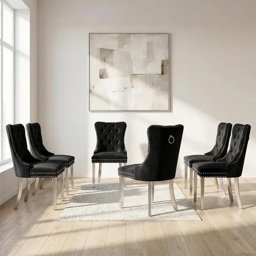 Miniatura 27 de OVENTA Juego de 4 sillas de comedor modernas tapizadas copetudas, terciopelo negro y gris y cuero con patas de madera maciza, sillas de cocina