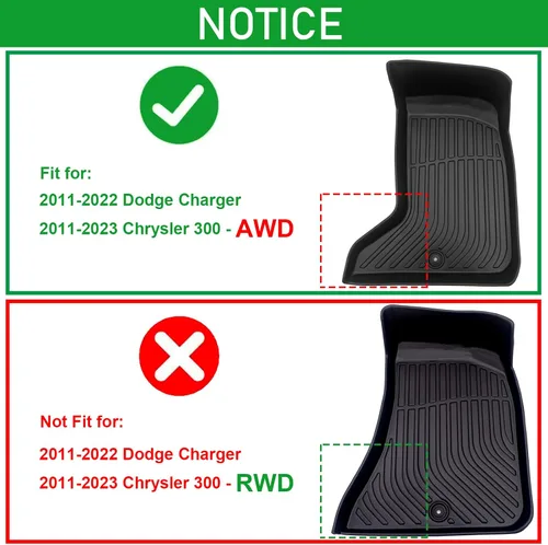 Miniatura 2 de Alfombrillas de goma para auto para todo clima compatibles con Chrysler 300 AWD 2011-2023 (No para RWD) y Dodge Charger 2011-2022, juego completo
