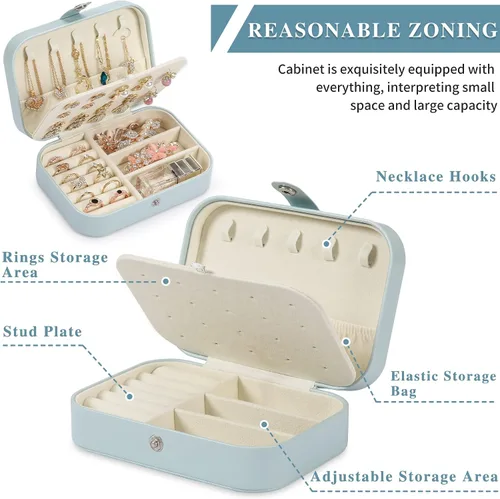 Miniatura 3 de Joyero de viaje, organizador de joyas pequeño de piel sintética para mujeres y niñas, mini estuche de viaje portátil de doble capa para guardar