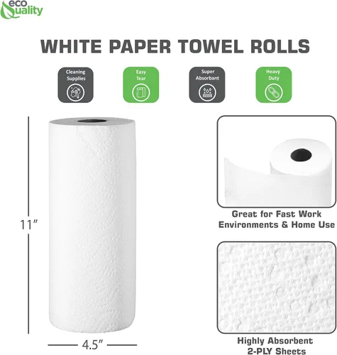 Miniatura 3 de EcoQuality Rollos de toallas de papel perforados de cocina de 2 capas, fáciles de romper, fuertes, envueltos individualmente fabricados en Estados