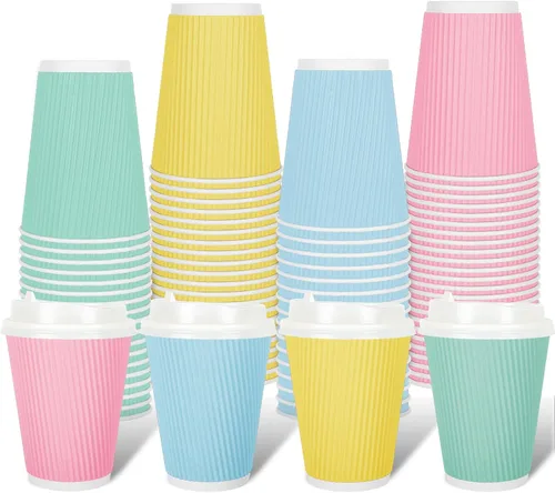 Miniatura 12 de Whaline 100 tazas de café desechables de color azul polvoriento de invierno con tapas, tazas de papel azul degradado de 12 onzas, tazas calientes