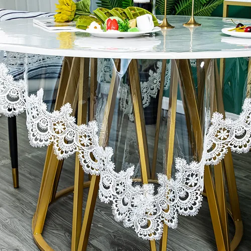 Miniatura 10 de Jeloris Mantel redondo de plástico transparente de vinilo PVC impermeable con borde de encaje bordado, cubierta de mesa transparente para cocina