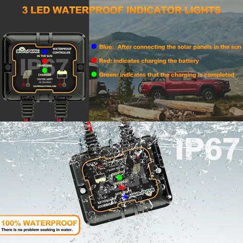 Miniatura 4 de SOLPERK Kit de panel solar de 10 W 12 V, cargador de batería solar impermeable + controlador MPPT inteligente + soporte de montaje ajustable
