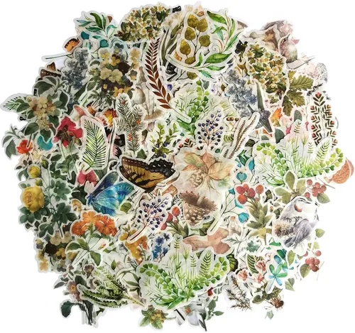 Juego de calcomanías decorativas adhesivas vintage (300 piezas) narcisos florales, lirio, margaritas, plantas, pájaros, coloridas mariposas, hongos,
