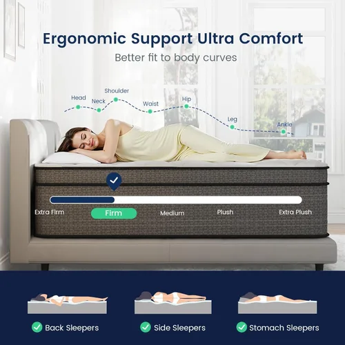 Miniatura 3 de Ruoysun 12 Inch King Size Mattress, Firm Hybrid Mattress with 7-Zone Pocket Springs & Cooling Gel Memory Foam, Luxury Pressure Relief Bed in a Box