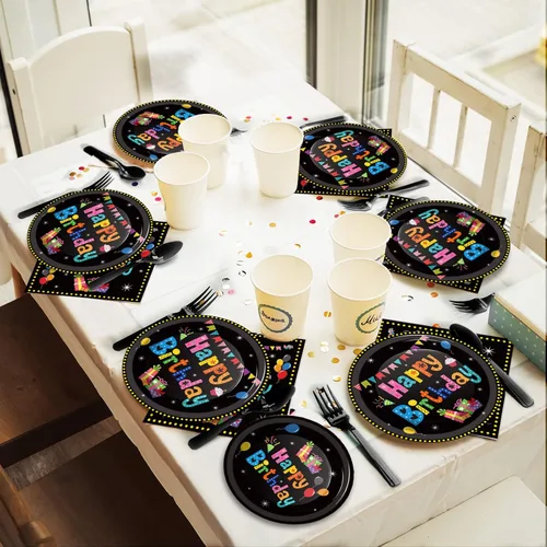 Miniatura 6 de Tevxj Juego de vajilla de cumpleaños de 96 piezas, vajilla de cumpleaños colorida y negra, platos desechables para postre, vajilla temática