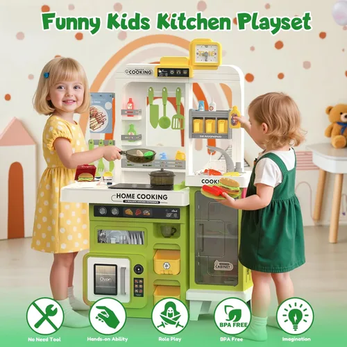 Miniatura 5 de Juego de cocina para niños, 68 piezas, juego de cocina para niños pequeños de 1-3, 3-5, cocina de juego de 32.2 pulgadas con pulverización, luz